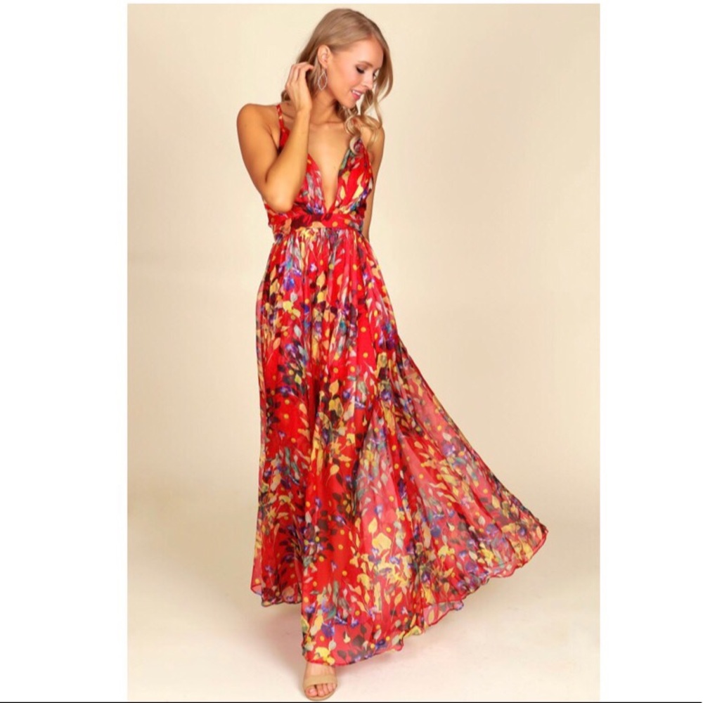 Backless red and floral maxi dress